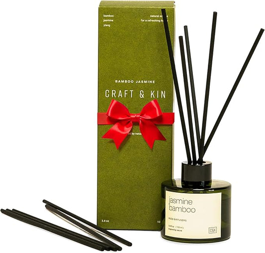 Craft & Kin Bamboo & Jasmine Christmas Reed Diffuser | All Natural Essential Oil & Rattan Scent Sticks | Holiday Reed Diffusers for Home, Bathroom | Long Lasting Home Fragrance in Green Glass, 3.4oz