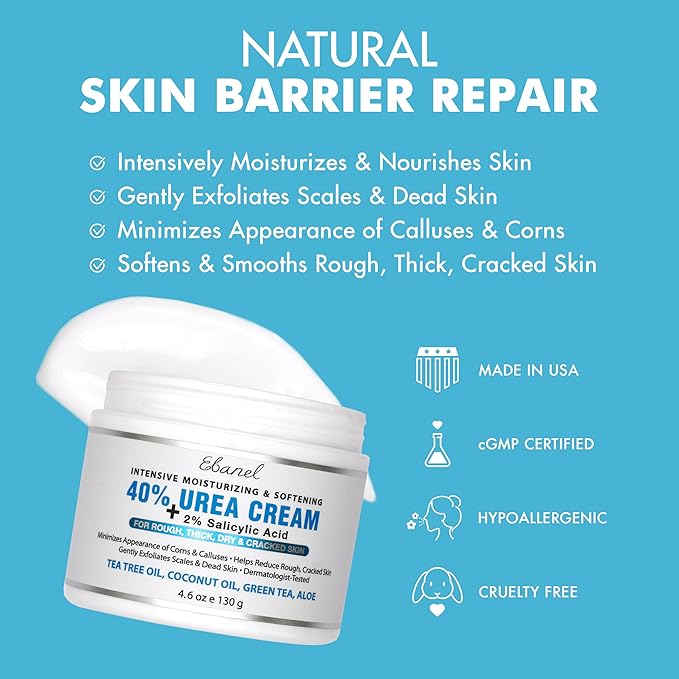 Ebanel Urea Cream 40% plus Salicylic Acid 2%, Foot Cream for Dry Cracked Heels Feet Knees Elbows Hands, Foot Dead Skin Cuticle Callus Remover Toenail Softener, Keratolytic Skin Barrier Repair