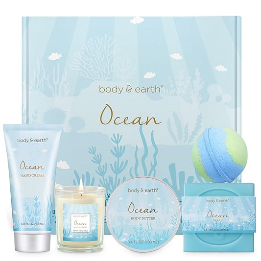 Gifts for Women, Bath and Body Womens Gift Sets with 5 Pcs Ocean Scented Spa Gifts for Women Bath Gift with Scented Candle Body Butter Hand Cream Bath Bomb Christmas Gifts