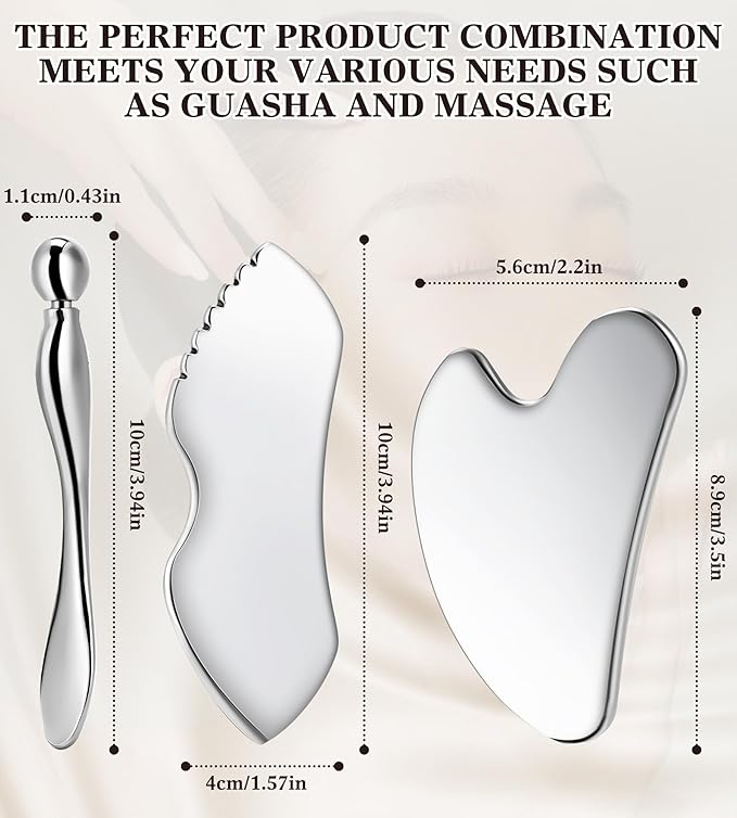 Gua Sha Facial Tools, 3 in 1 Stainless Steel Metal Guasha & Eye Cream Applicator Facial Sculpting Tool Set Eye Massager Lymphatic Drainage for Face Neck (Plastic Box 3, Count, 3)