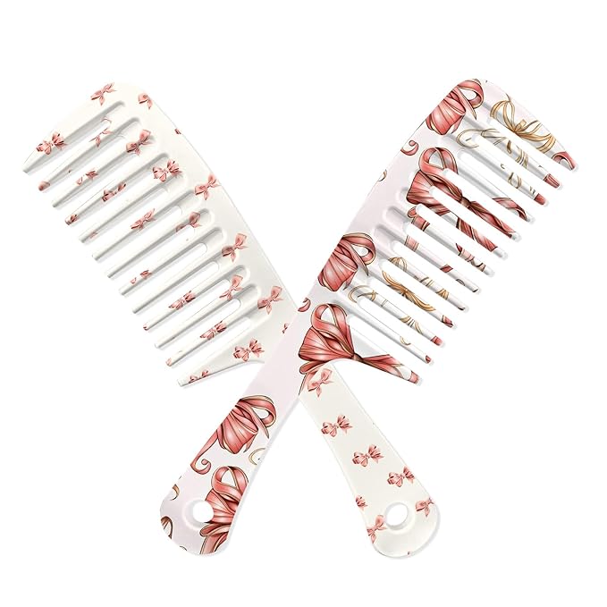 2PCS Wide Tooth Comb,Effortless Tangle Removal for Long Hair Styling Comb for Curly,Wet,Cute Aesthetic Design for Women Men and Girls(Pink-Bow-03)
