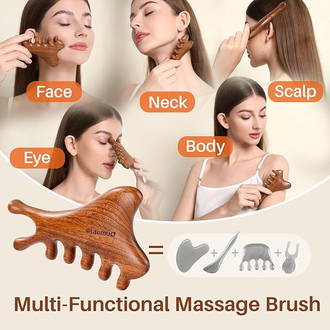 4 in 1 Gua Sha Tool for Face,Scalp Massager with Gift Box,Massage Comb for Head,Face,Eye,Neck & Body Meridian Therapy Tool for Relaxation,Natural Sandalwood
