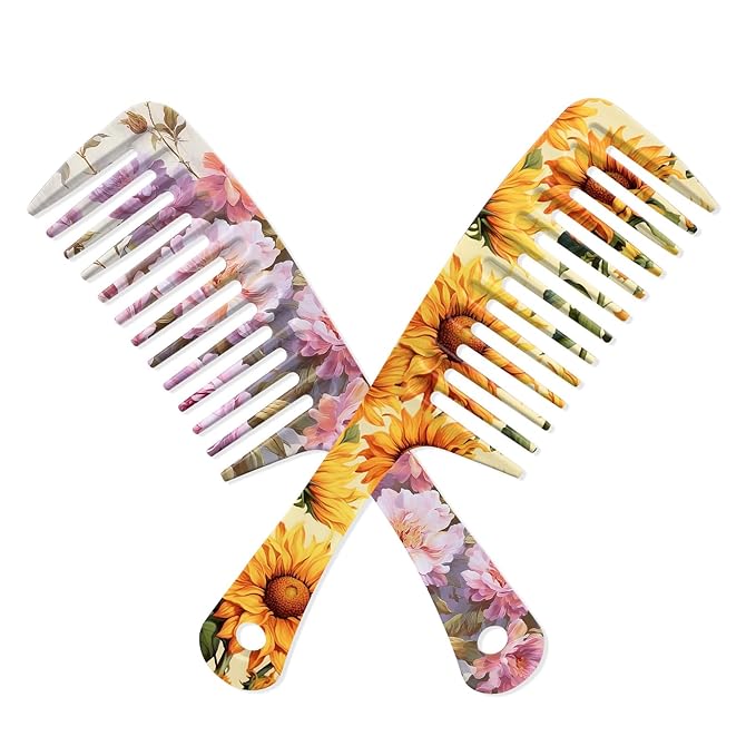 2PCS Wide Tooth Comb,Effortless Tangle Removal for Long Hair Styling Comb for Curly,Wet,Cute Aesthetic Design for Women Men and Girls(Yellow-Flower-10)