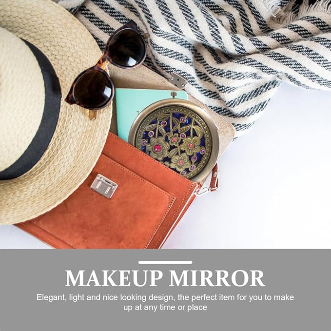 Baluue Retro Metal Compact Mirror, Zinc Alloy Foldable and Portable Travel Rhinestones Makeup Mirror Double Sided for Cosmetic, Bronze, Random Style
