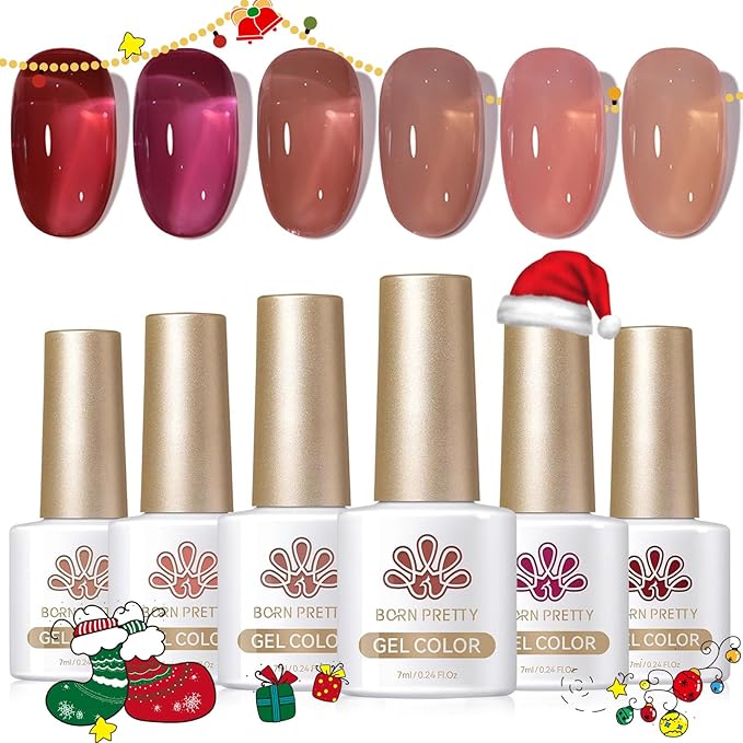 Born Pretty Jelly Red Burgundy Gel Nail Polish Christmas Fall Winter Jelly Blood Wine Red Brown Nude Purple Translucent Sheer Gel Polish Set Nail Art Varnish Manicure 6PCS