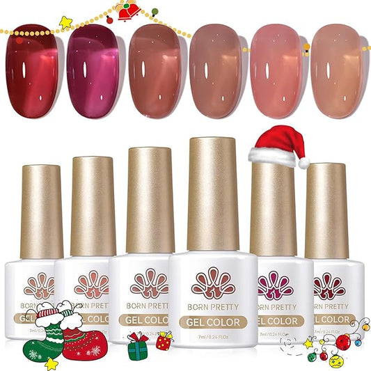Born Pretty Jelly Red Burgundy Gel Nail Polish Christmas Fall Winter Jelly Blood Wine Red Brown Nude Purple Translucent Sheer Gel Polish Set Nail Art Varnish Manicure 6PCS