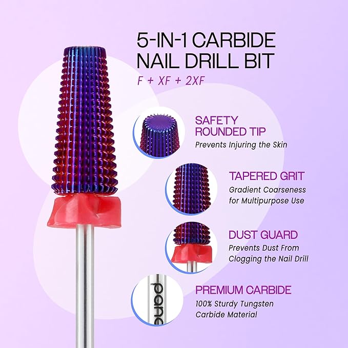 PANA 3/32" Shank 5-in-1 Nail Carbide Bit - (Triple Coarse - Fine Grit, Purple) - Two Way Rotate use for Both Left and Right Handed Fast Remove Acrylic or Hard Gel