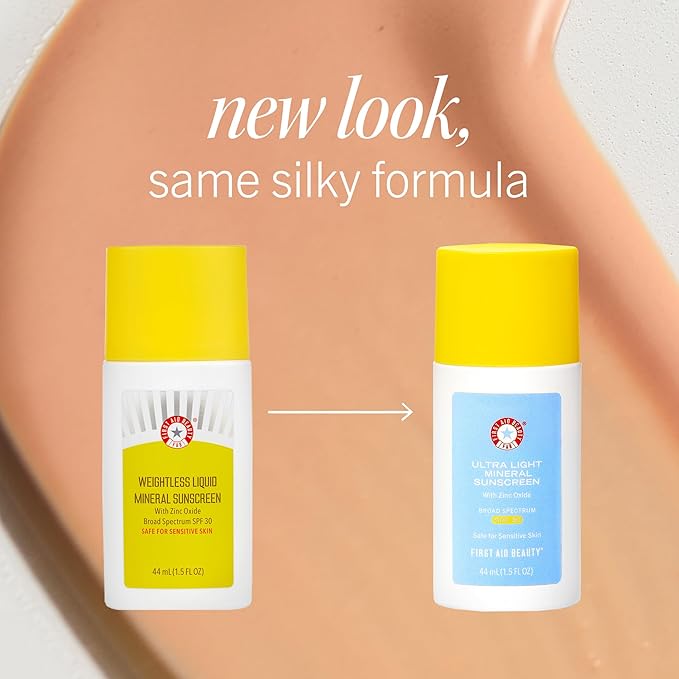 First Aid Beauty - Weightless Liquid Mineral Sunscreen with Zinc Oxide Broad Spectrum SPF 30, Luxuriously Light Ultra Sheer Tint for Everyday Use, Non-comedogenic, Safe for Sensitive Skin, 1.5 oz