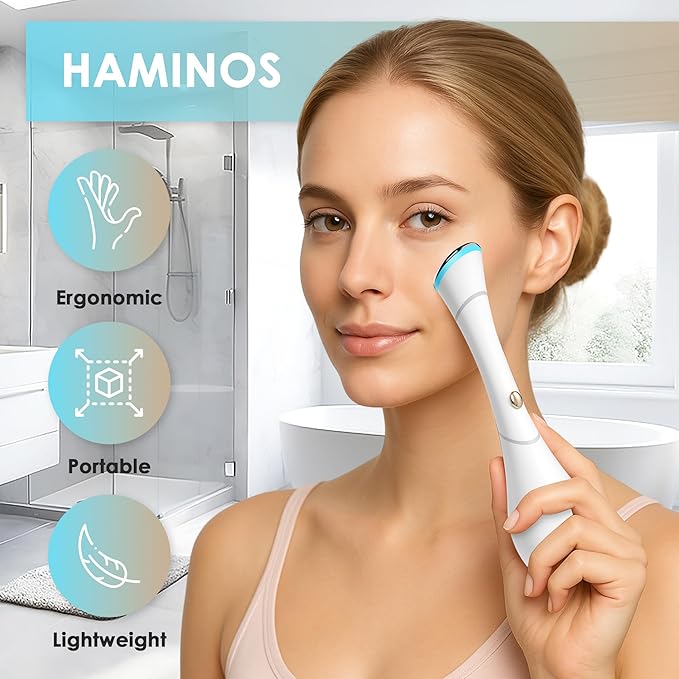 Eye Massager Wand with Heat, Vibration & Red/Blue LED, Ionic (Galvanic) Skincare Absorption, USB‑C Rechargeable with Charging Base, Helps Reduce the Look of Puffiness & Dark Circles