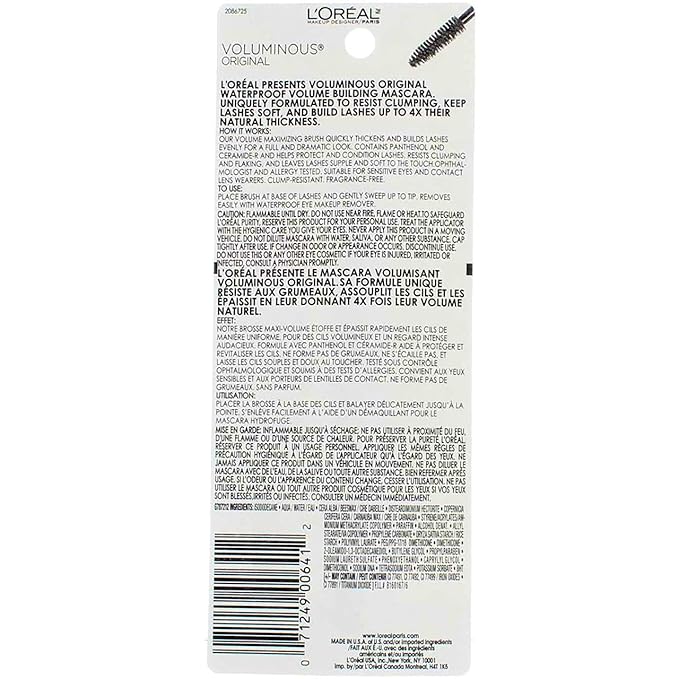 L’Oreal ParisVoluminous Waterproof Volume Building Mascara, Black [360], 0.28 oz (Pack of 3)