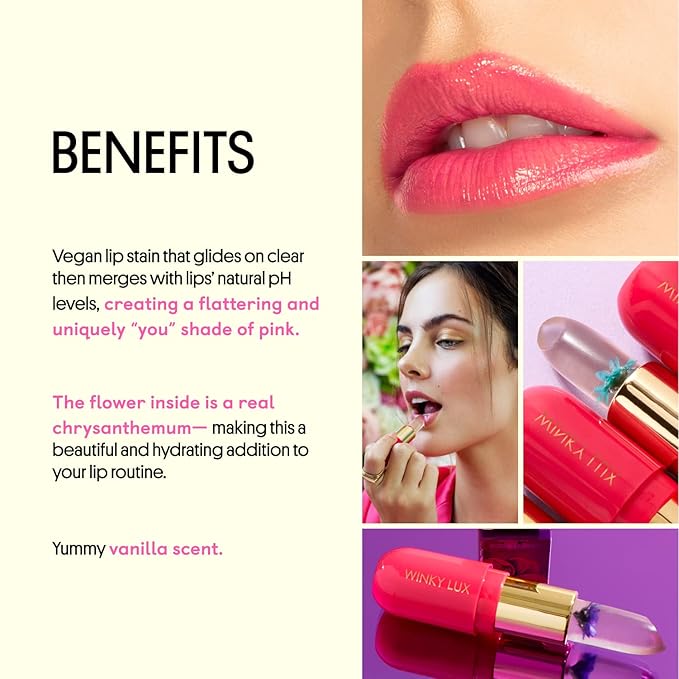 Winky Lux Flower Balm, pH Color Changing Lipstick and Tinted Lip Balm, Vegan & Cruelty Free, Hydrate & Plump, Sheer Pink, Pink & Purple Flower with Vanilla Scent