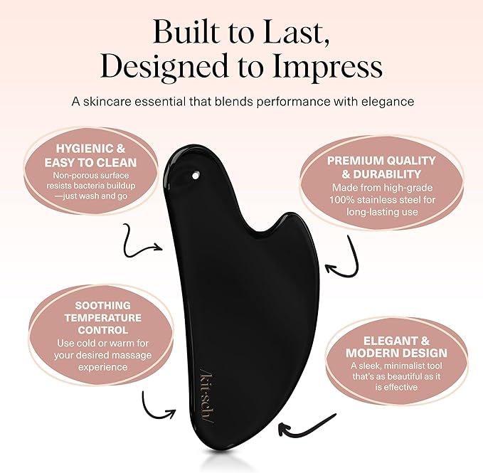 Kitsch Stainless Steel Gua Sha Facial Tools - Lymphatic Drainage Massager for Face & Chin, Jawline Shaper, Double Chin Reducer, Guasha Tool for Face Massager, Skin Care Tools - Matte Black