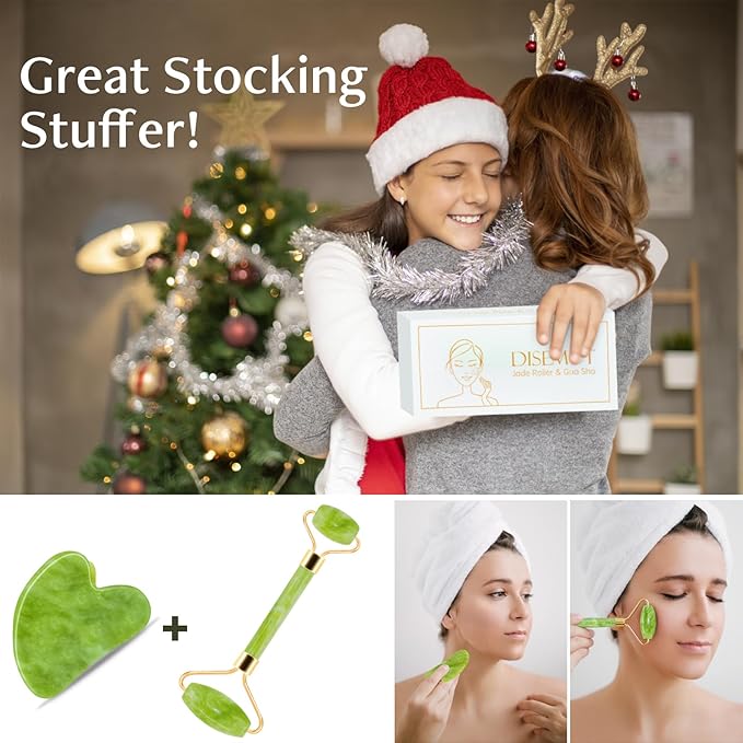 Jade Roller & Gua Sha Facial Tools, Natural Anti-Aging Jade Beauty Skin-Care Tool Face Roller to Rejuvenate Facial Skin Cooling, Slimming & Firming, Great as Stocking Stuffers