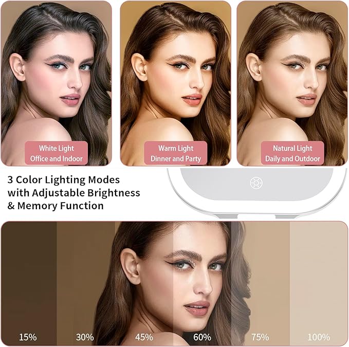 DESCHEN Rechargeable Travel Makeup Vanity Mirror with Lights and Magnification, Portable 1X/10X Magnifying Mirror with 3 Color Light, Lighted Makeup Mirror with Magnification, Folding LED Desk Mirror