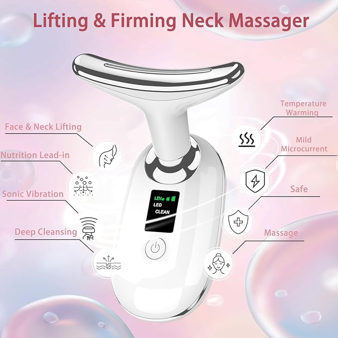 Facial Massager, 7 Color Led Face Neck Massager for Skin Care, LED facial massager tool for Neck with Heat & Vibration, Micro-Current Porable Facial Massager for Skin Care Home Use, Advanced White