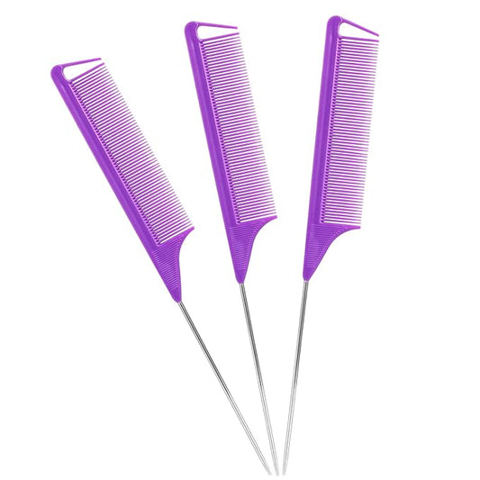 Rat Tail Steel Pin Teasing Combs Set: 3 Pack Hair Styling Combs for Parting and Teasing All Hair Types (Purple)