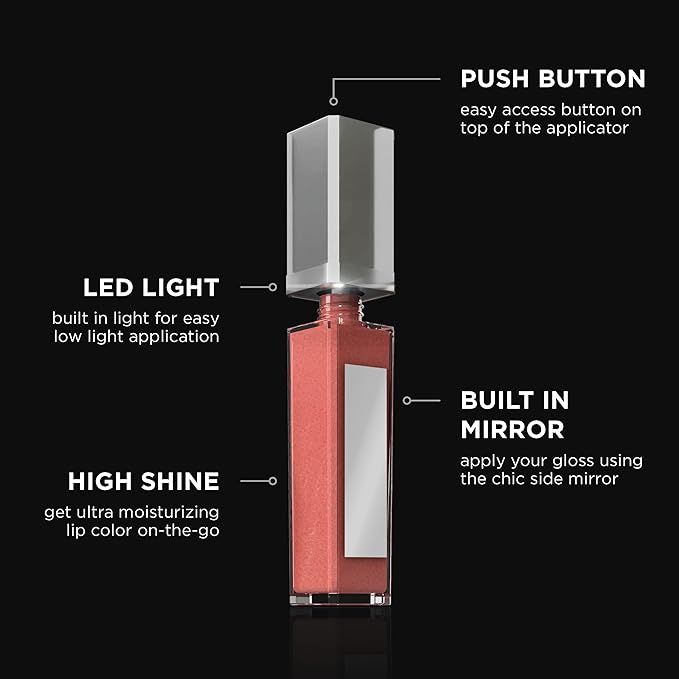 Pure Illumination Light-Up Lip Gloss with LED-Lit Applicator Brush + Side Mirror, Non-Sticky, Moisturizing Hydrating Lip Glosses with Lanolin, Jojoba Oil, & Vitamin E, Charmed