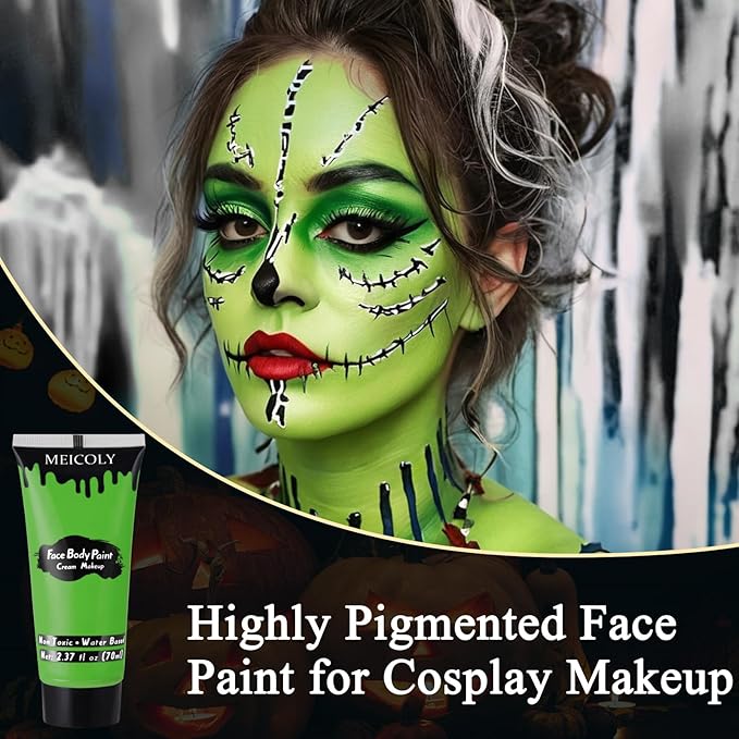MEICOLY Green Face Paint Kit for Halloween Wicked Witch Elphaba Frankenstein Costume,Halloween Green Makeup Frankenstein,White Face Paint Stick,Setting Powder,Red Lipsticks,False Eyelash