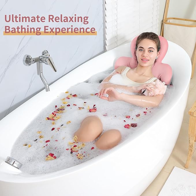 Luxury Bath Cushion, Full Body Bathtub Pillow with 160 Suction Cups, Bath Mat for Head and Neck Support, with Laundry Bag (Light Pink, 60.2" x 16.2")