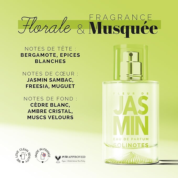 Solinotes Jasmine Flower Perfume for Women & Men, 1.7 Fl Oz/ 50 ML Eau De Parfum, Delicate Floral and Soothing Scent with Premium Ingredients - Clean Perfume, Cruelty Free, Vegan, Made in France