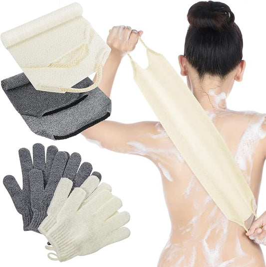4 Pack Exfoliating Washcloth Back Scrubber Set, 2 Exfoliating Body Scrubber Nylon Back Body Scrub Towel, 2 Pairs Shower Gloves for Women Men Bath Shower Exfoliation(Gray, Beige, White)