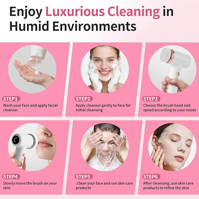 4 in 1 Facial Cleansing Brush, Multi Function Electrical Face Wash, Brush IPX6 Waterproof Portable Face Scrubber, 5 Speed Adjustable, 2 Rotation Directions Adjustable, Gift for Women Men (White)