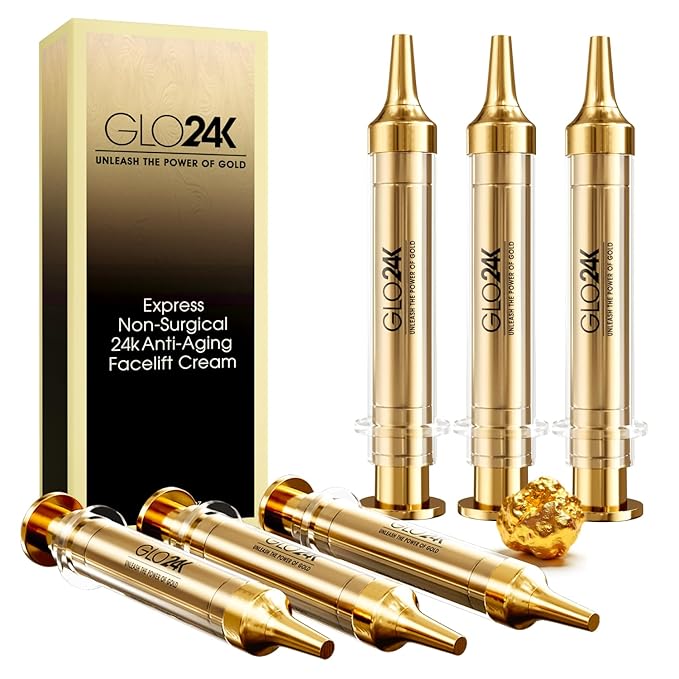 GLO24K Instant Facelift Cream with 24k Gold, Hyaluronic Acid, Peptides, and Vitamins. Value Pack of 6. A powerful non-invasive alternative to injections.