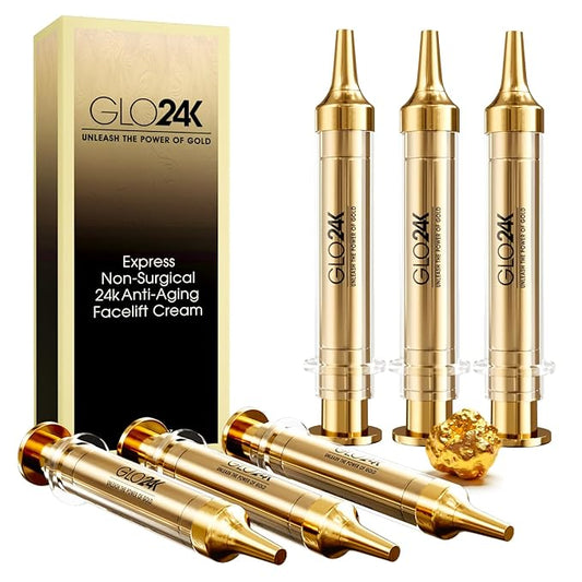GLO24K Instant Facelift Cream with 24k Gold, Hyaluronic Acid, Peptides, and Vitamins. Value Pack of 6. A powerful non-invasive alternative to injections.