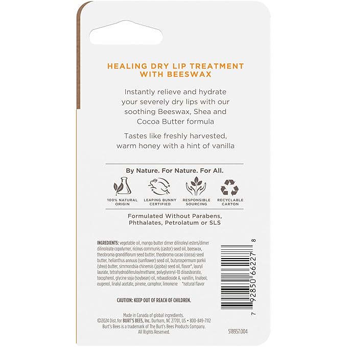 Burt's Bees Stocking Stuffers, Rescue Lip Relief, Honey Vanilla, Hydrating Lip Balm for Dry Cracked Lips, with Responsbily Sourced Beeswax and Shea Butter, 100% Natural Origin, 1 Squeezy Tube, 0.35oz