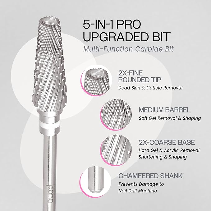PANA 5-in-1 Pro Upgraded Multi-Function Drill Bit 3/32" Shank Size - (Silver, 2X Coarse to 2X Fine) - Mix Size Tungsten Drill Bit Fast Remove Acrylic Hard Gel Nail for Manicure Pedicure