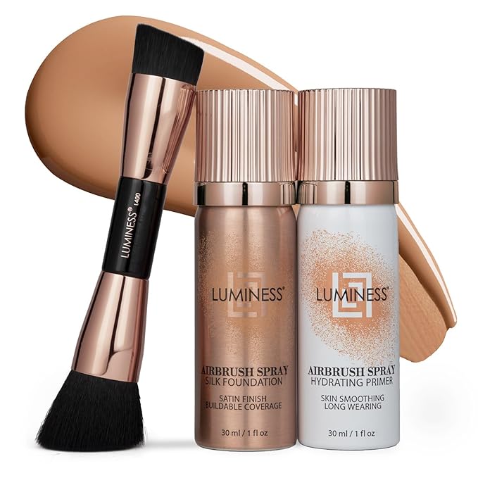 LUMINESS Silk Airbrush Spray Foundation 3-PC Kit - Foundation, Primer & Dual-Sided Angled Makeup Brush - Buildable Coverage, Anti-Aging Formula, Humidity Resistant, Hydrates & Moisturizes, Warm