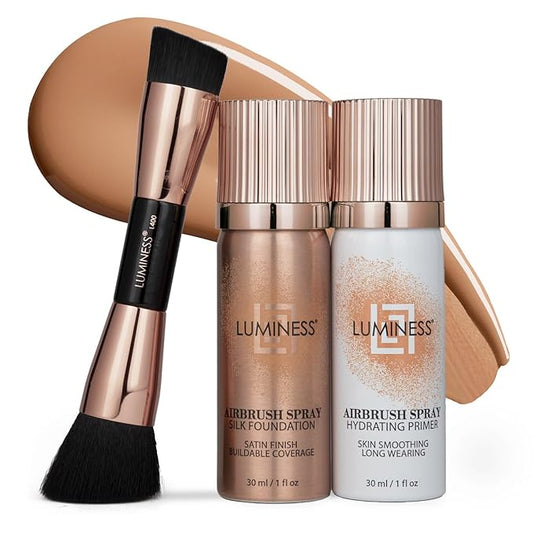 LUMINESS Silk Airbrush Spray Foundation 3-PC Kit - Foundation, Primer & Dual-Sided Angled Makeup Brush - Buildable Coverage, Anti-Aging Formula, Humidity Resistant, Hydrates & Moisturizes, Warm