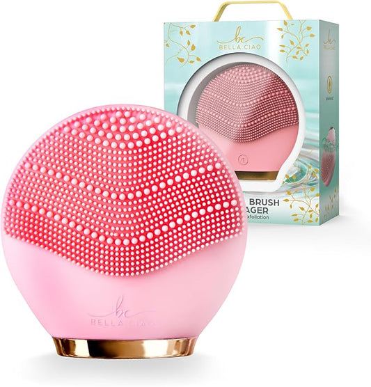Bella Ciao Travel Silicone Facial Cleansing Brush, Face Exfoliator and Massager, Cordless Pore Scrubber with Soft Bristles, Double-Sided Design, IPX5 Water Resistance, Battery Not Included, Pink