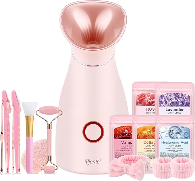Facial Steamer Spa Kit, 12 Skin Care Tools & 5 Jelly Mask Powder, Nano Ionic Steamer for Facial Deep Cleaning Unclog Pores Sinuses, Warm Mist Humidifier for Home SPA, Self Care Gifts for Women