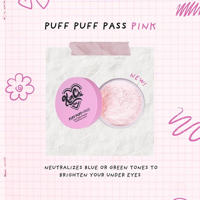 KimChiChic Beauty Puff Puff Pass Set and Bake Setting Powder for Makeup, Extra Fluffy Loose Face Powder Poof, Soft Natural Face Makeup for Uneven Skin Tone, 09 Pink