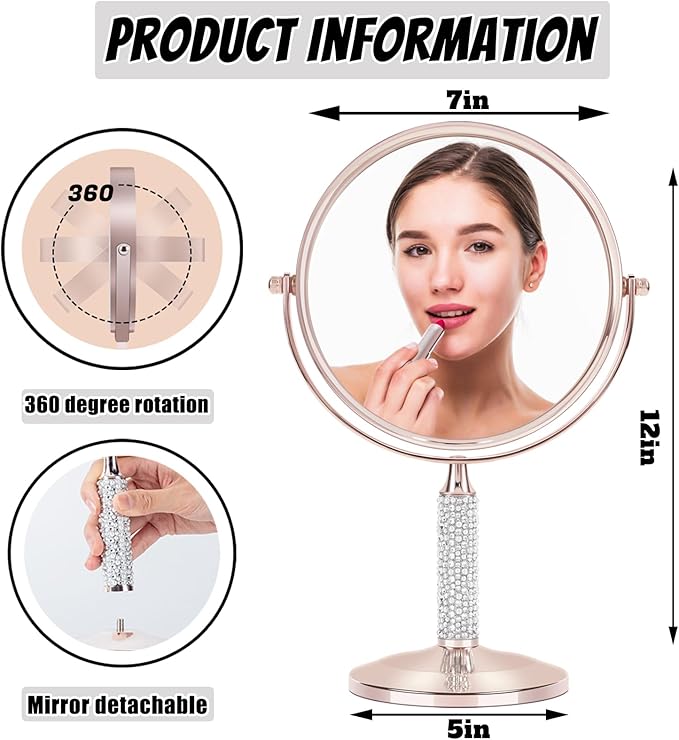 7"Rose Gold Glitter Diamond Rhinestone Makeup Mirror,360°Rotate Round Tabletop Vanity Mirror Double Sided 1X/10X HD Undistorted Magnifying Mirror,Portable Vanity Women Gift (No Lamp Rose Gold)