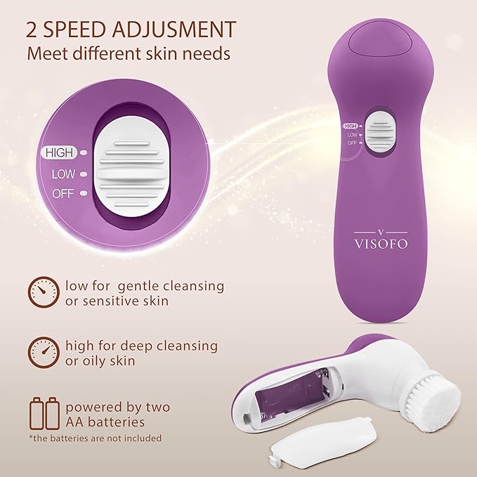 Facial Cleansing Brush Face Scrubber Exfoliating Cleaning Skin Care Cleanser Wash Women Girls Electric Beauty Powered Exfoliator Skincare Spin Tools Scrub Washer Self Care by VISOFO (Amethyst)