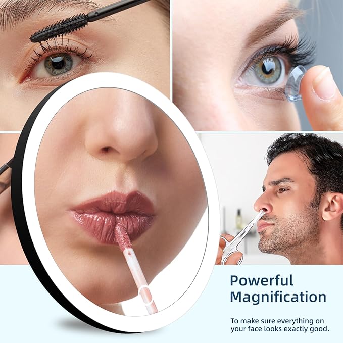 10x Lighted Magnifying Mirror with Suction Cups, Large 6'' Magnified Mirror with Light High Magnification Travel Makeup Mirror, Rechargeable Battery, 3 Colors Dimming Light, with Tweezers &Scissors