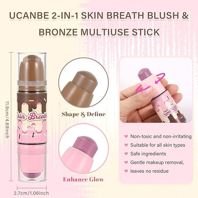 UCANBE Skin Breath Blush & Bronzer Multiuse Stick, 2-in-1 Creamy Face Cheeks Contour Makeup Stick for Natural Radiant Finish Look, Vegan & Cruelty-Free, Travel-Friendly (01 Lavender)