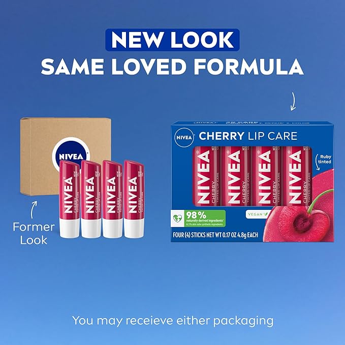 NIVEA Cherry Lip Care, Tinted Lip Balm Pack with Shea Butter, Nourishing Oils and Vitamin C & E, 3-in-1 Moisture, Repair and Color, 0.17 Oz Stick, Pack of 4