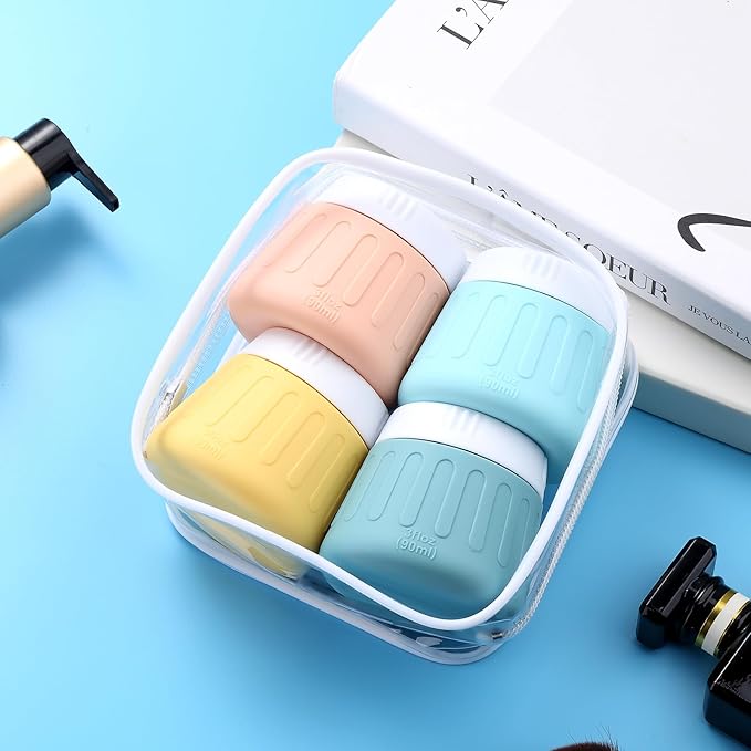 Gemice 3 oz Travel Containers for Toiletries, 4-Pack TSA Approved Travel Size Toiletries Containers for On-the-Go, Small Leak-Proof Travel Essentials Silicone Jar for Shampoo, Lotions, Cleanser