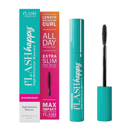 fLASH Happy High-Definition Waterproof Mascara with Ultra-slim Brush for Length, Volume, Curl - All Day Stay-put Wear with Lash Enwrapping Technology - Clean Vegan Formula, Paraben-free (True Black)