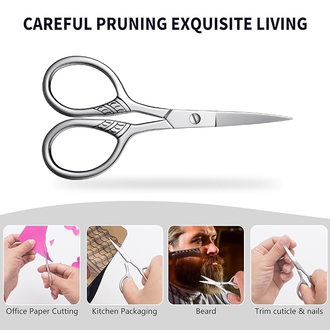Professional Nose Hair Scissors 3.5"，Stainless Steel Precision Trimmer for Eyebrows, Beard, Ear, Mustache | Anti-Slip Handle, Mini Grooming Tool for Men/Women -QUIUMES (Small scissors - Patterned)