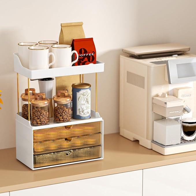 3 Drawers Makeup Organizer - 5 Tier Bathroom Organizers and Storage, Versatile Perfume Vanity Organizer, Ideal for Cosmetic, Large Skincare, Face Mask, Office Supplies, Amber