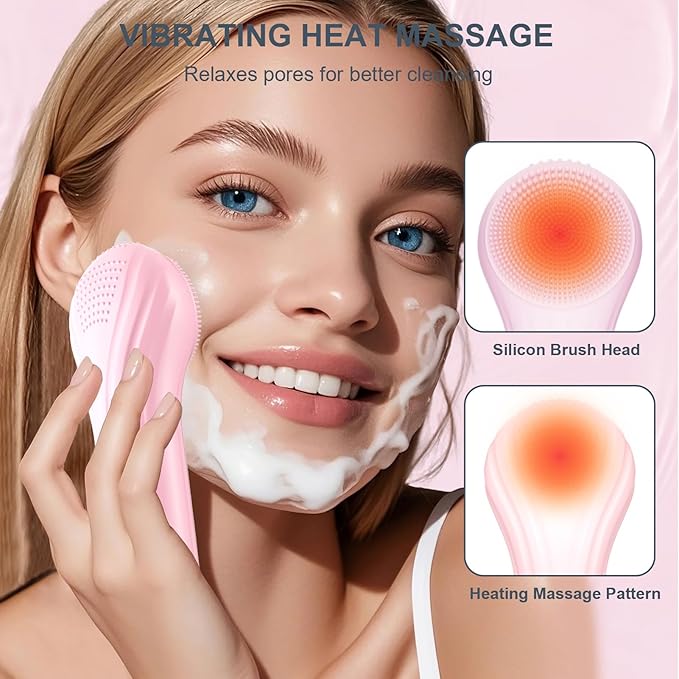 Silicone Face Scrubber, Waterproof Electric Facial Cleansing Brush for Men & Women, Rechargeable Face Scrubber with 5 Modes for Deep Cleansing, Exfoliating, Massage (Pink)