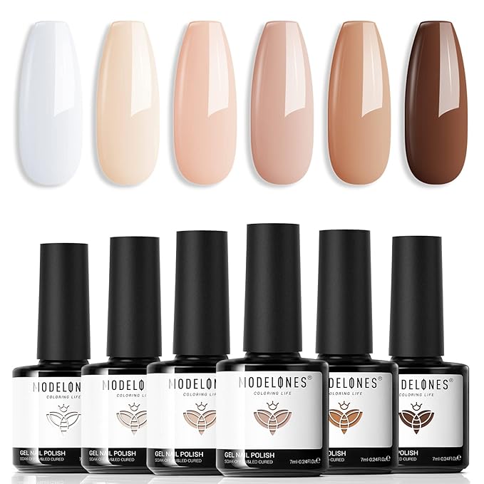 modelones Gel Nail Polish Set- 6 Colors White Nude Brown Gel Polish Skin Tone Neutral Beige Tan Taupe Nail Polish Kit Popular Fall Winter Soak Off Soapnails Nail Art Manicure DIY Salon Gift for Women