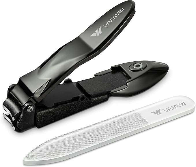 Nail Clippers with Catcher, No Splash Fingernail Toenail Clippers with Sharp Curved Blade and Glass Nail File, Wide Jaw Opening Stainless Steel Nail Cutter Trimmer for Seniors Adult Men Women