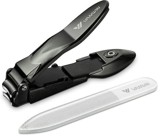 Nail Clippers with Catcher, No Splash Fingernail Toenail Clippers with Sharp Curved Blade and Glass Nail File, Wide Jaw Opening Stainless Steel Nail Cutter Trimmer for Seniors Adult Men Women