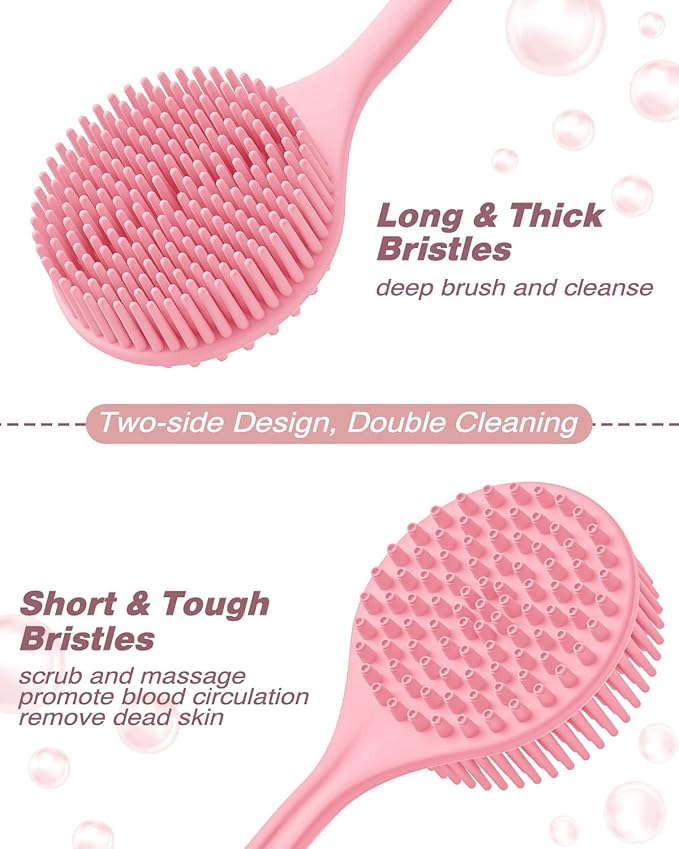 Manmihealth Silicone Back Scrubber & Soft Bath Glove Set 4 PCS(Thick Bristles), Super-Exfoliating Body Scrubber & Super-Lathering Shower Brush Combination, with 2 Free Hooks (Pink)
