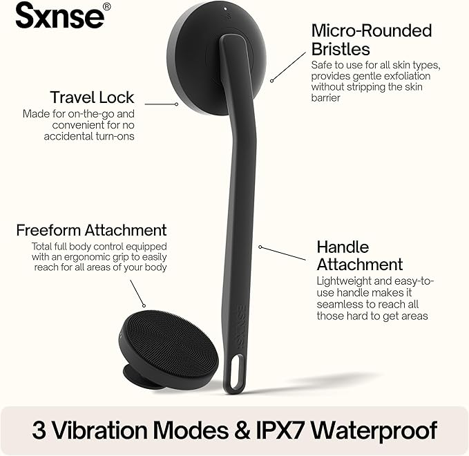 Aura Body Clean Pro⁺ - Silicone Electric Body Scrubber for Acne, Ingrown Hair & KP - IPX7 Waterproof, Rechargeable Exfoliating Shower Brush with Handle. Freeform Grip, & 7000+ Sonic Vibration - Cherry